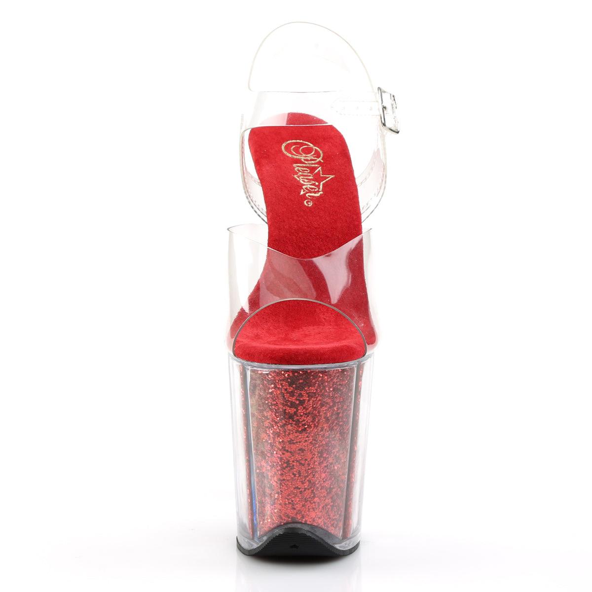 FLAMINGO-808G Clear/Red Glitter Platform Sandal Pleaser