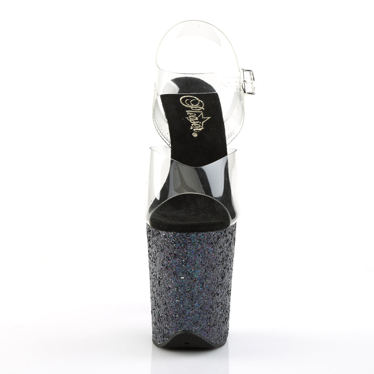 FLAMINGO-808LG Clear/Black Holo Glitter Platform Sandal Pleaser