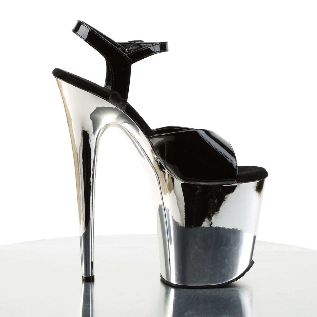 FLAMINGO-809 Black Patent/Silver Chrome Platform Sandal Pleaser
