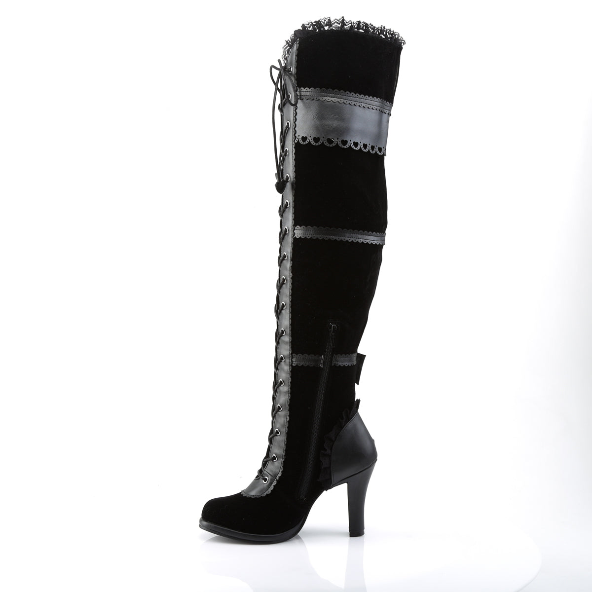 GLAM-300 Black Vegan Leather-Velvet Knee Boot Demonia