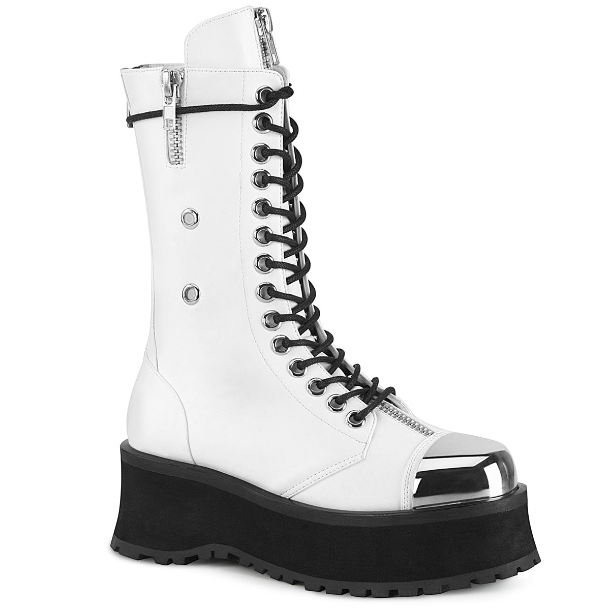 GRAVEDIGGER-14 White Vegan Leather Mid-Calf Boot Demonia