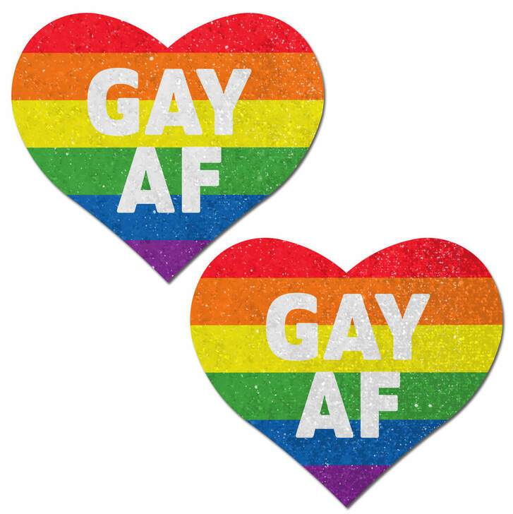 Love: Rainbow 'GAY AF' on Glitter Velvet Heart Nipple Pasties Pastease