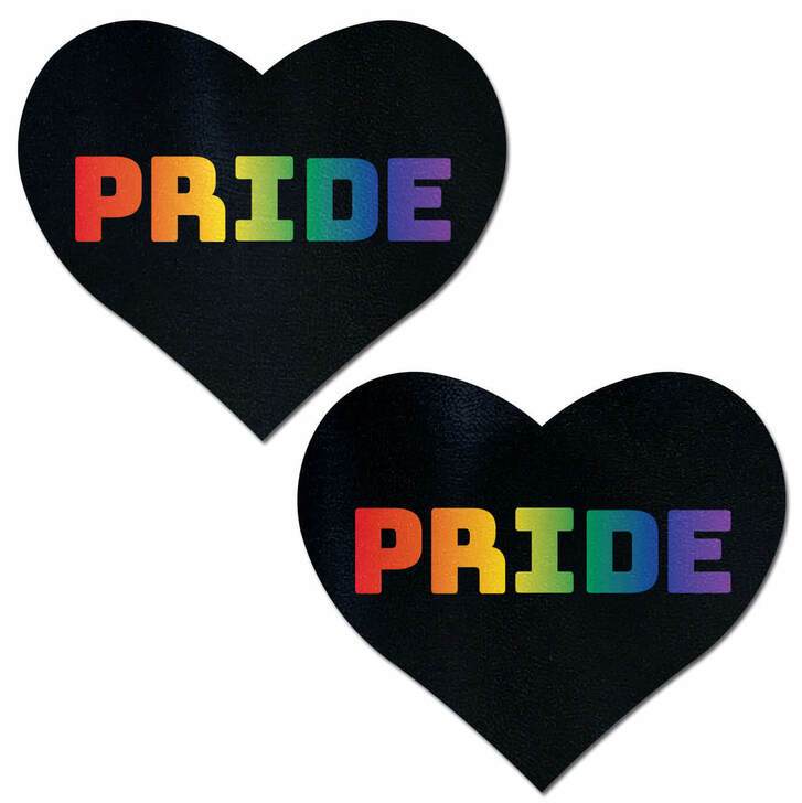 Love: Rainbow 'PRIDE' on Black Heart Nipple Pasties Pastease