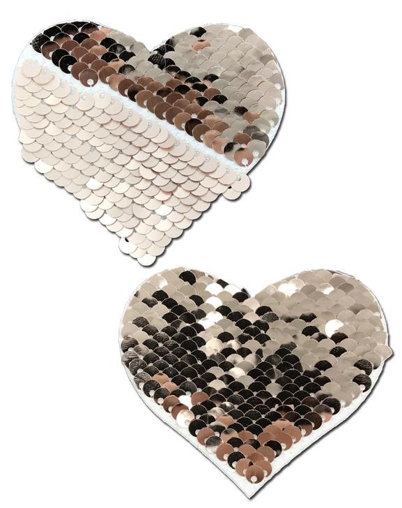 Love: Rose Gold Shiny & Matte Flip Sequin Heart Nipple Pasties Pastease