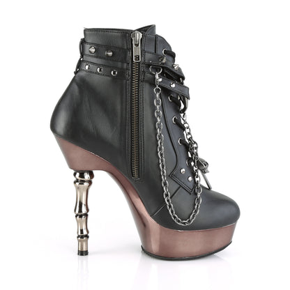 MUERTO-1001 Black Faux Leather/Pewter Chrome Ankle Boot Demonia