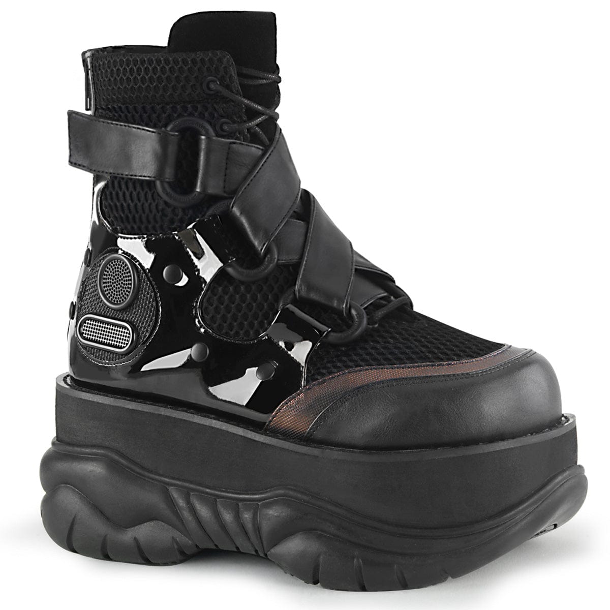 NEPTUNE-126 Black Vegan Leather-Fishnet Fabric-Patent Ankle Boot Demonia