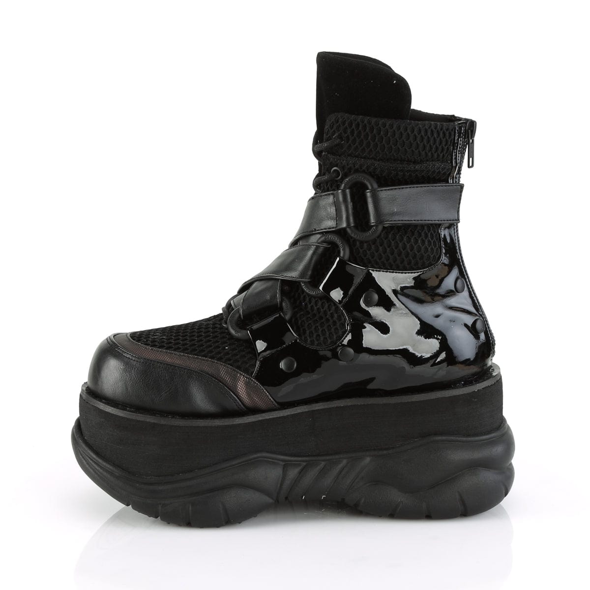 NEPTUNE-126 Black Vegan Leather-Fishnet Fabric-Patent Ankle Boot Demonia