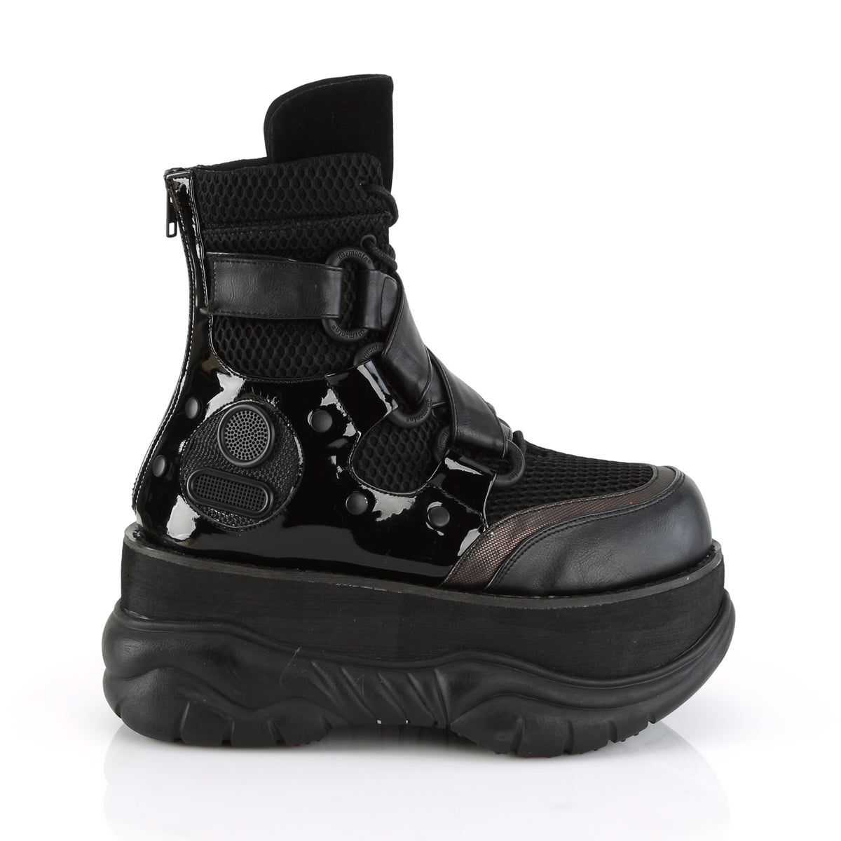 NEPTUNE-126 Black Vegan Leather-Fishnet Fabric-Patent Ankle Boot Demonia