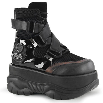 NEPTUNE-126 Black Vegan Leather-Fishnet Fabric-Patent Ankle Boot Demonia