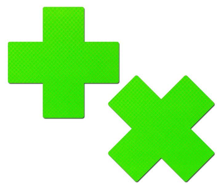 Plus X: Neon Green Day-Glow Lycra Cross Nipple Pasties Pastease