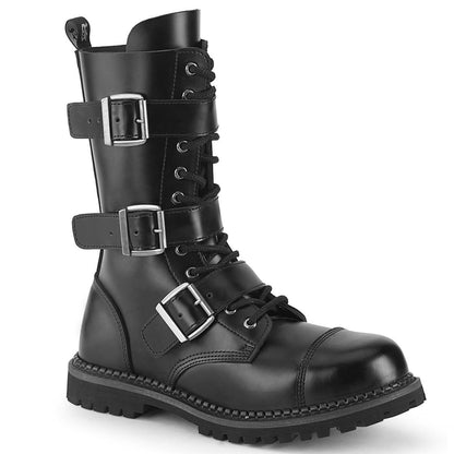 RIOT-12BK Black Leather Ankle Boot Demonia