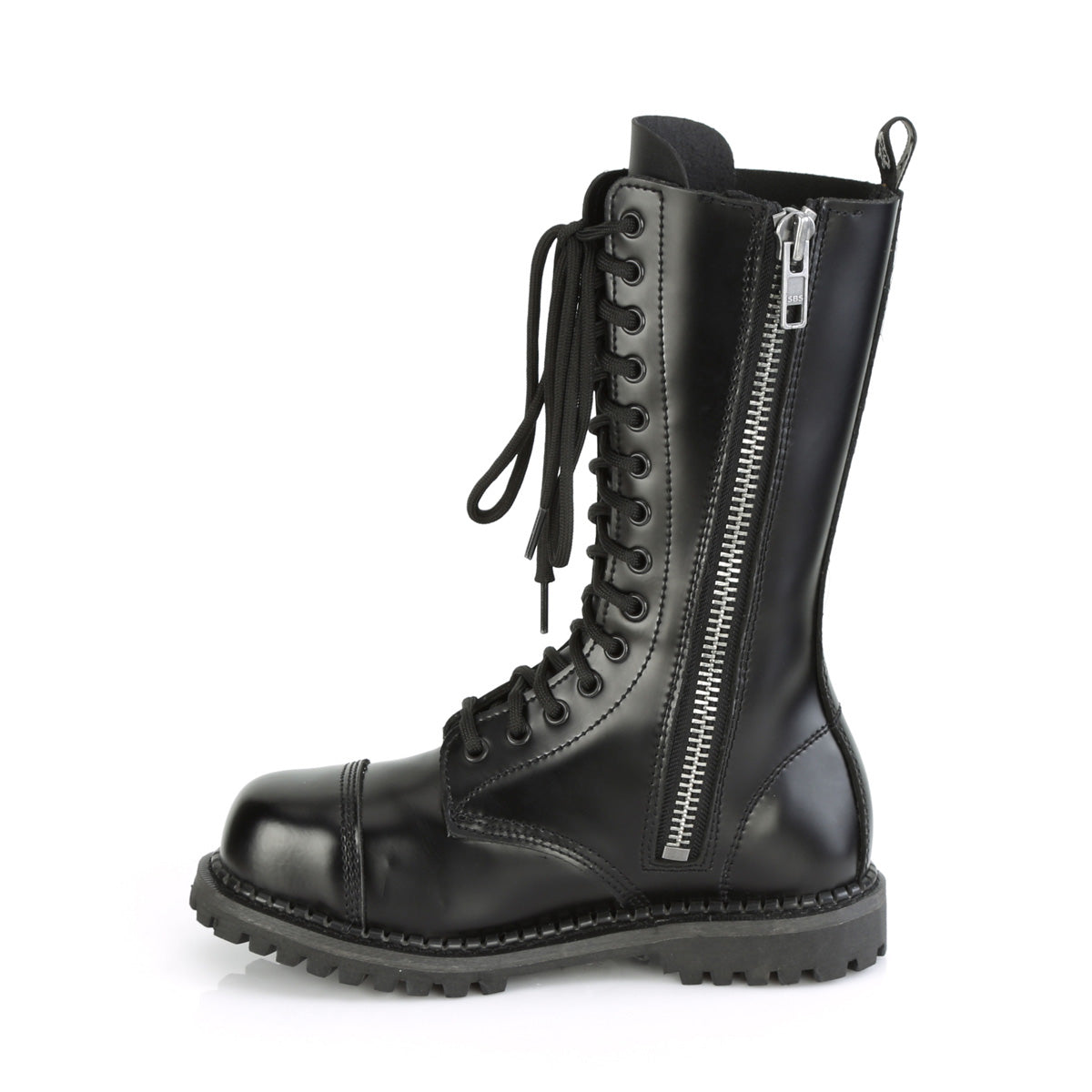 RIOT-14 Black Leather Mid-Calf Boot Demonia