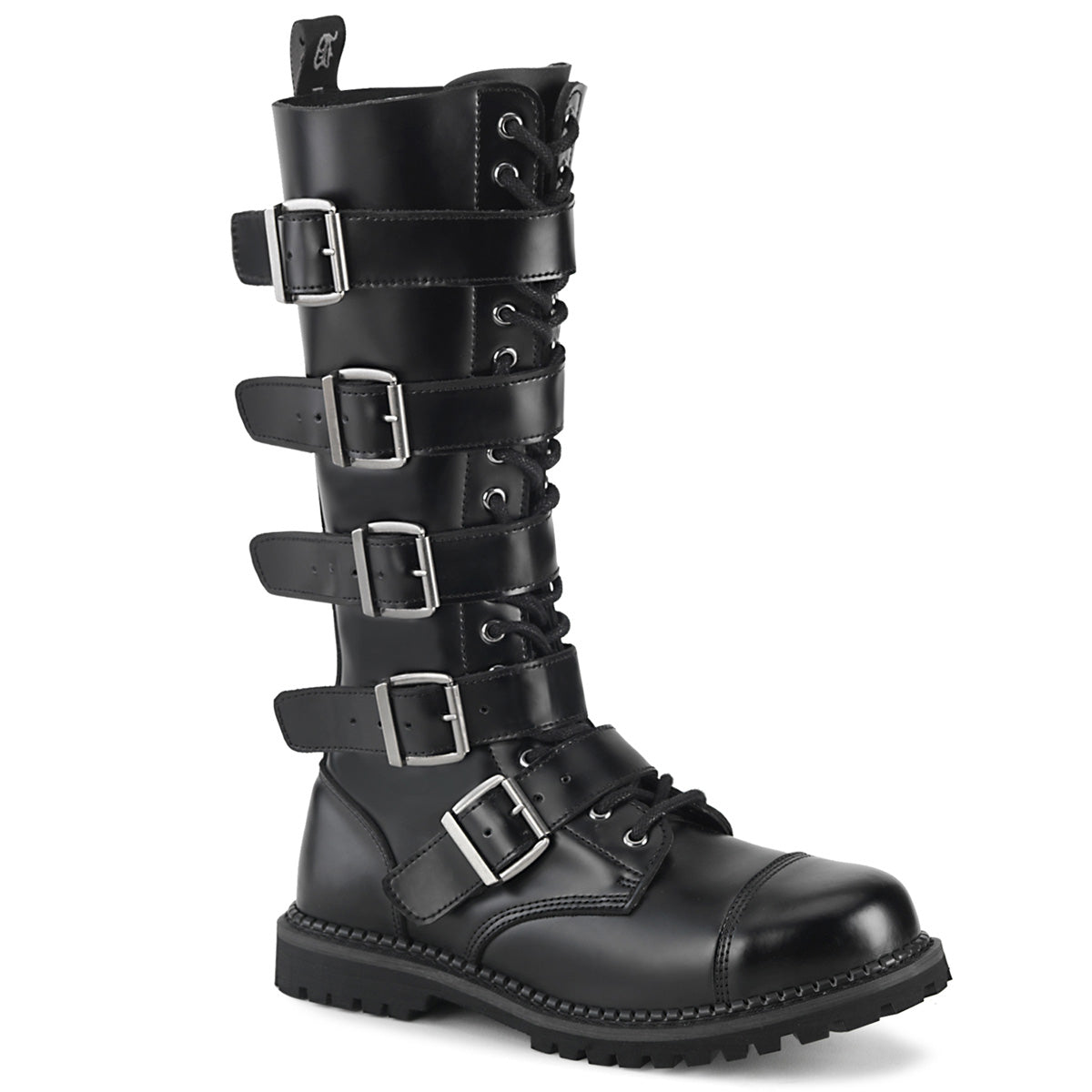 RIOT-18BK Black Leather Knee Boot Demonia