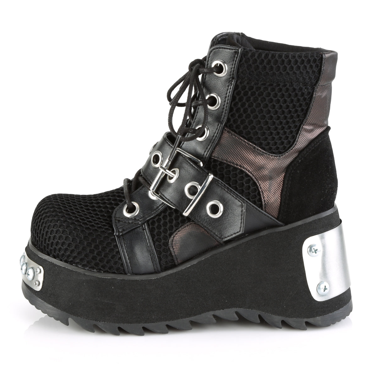SCENE-53 Black Vegan Leather-Fishnet Fabric Ankle Boot Demonia