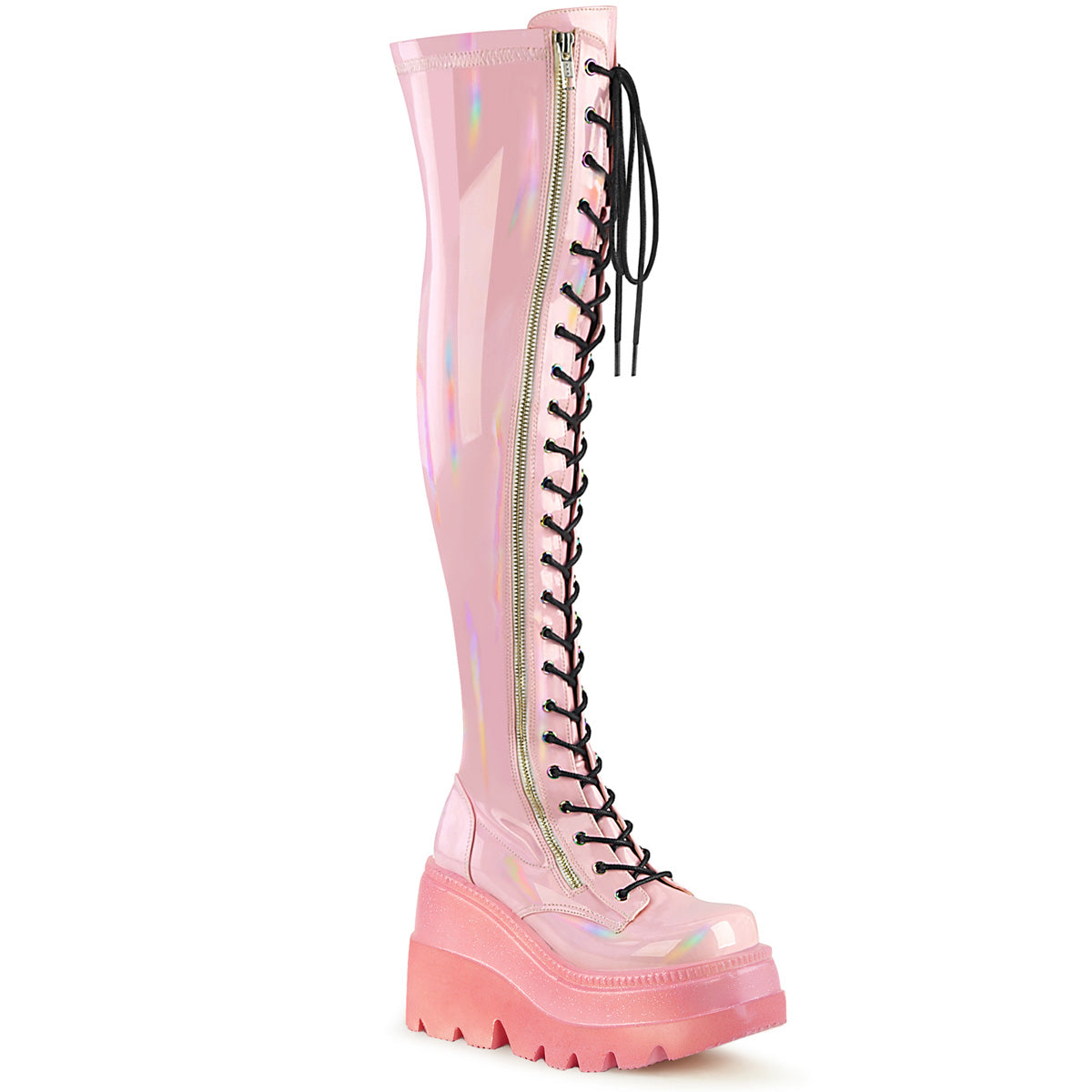 SHAKER-374-1 Baby Pink/Peach Hologram Stretch Patent Thigh Boot Demonia