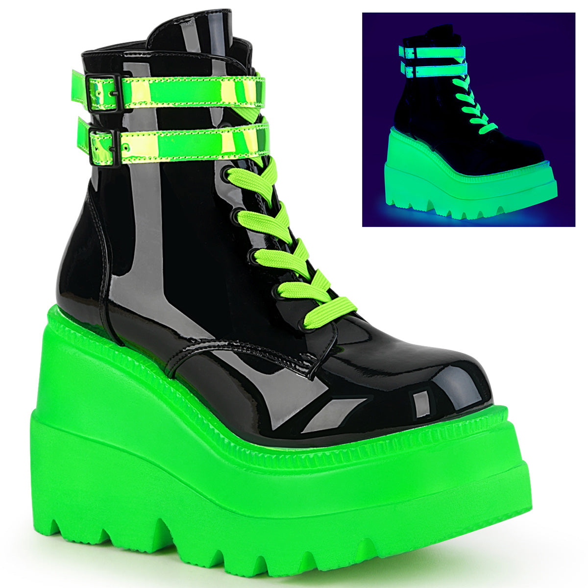 SHAKER-52 Black Patent-UV Neon Green Ankle Boot Demonia