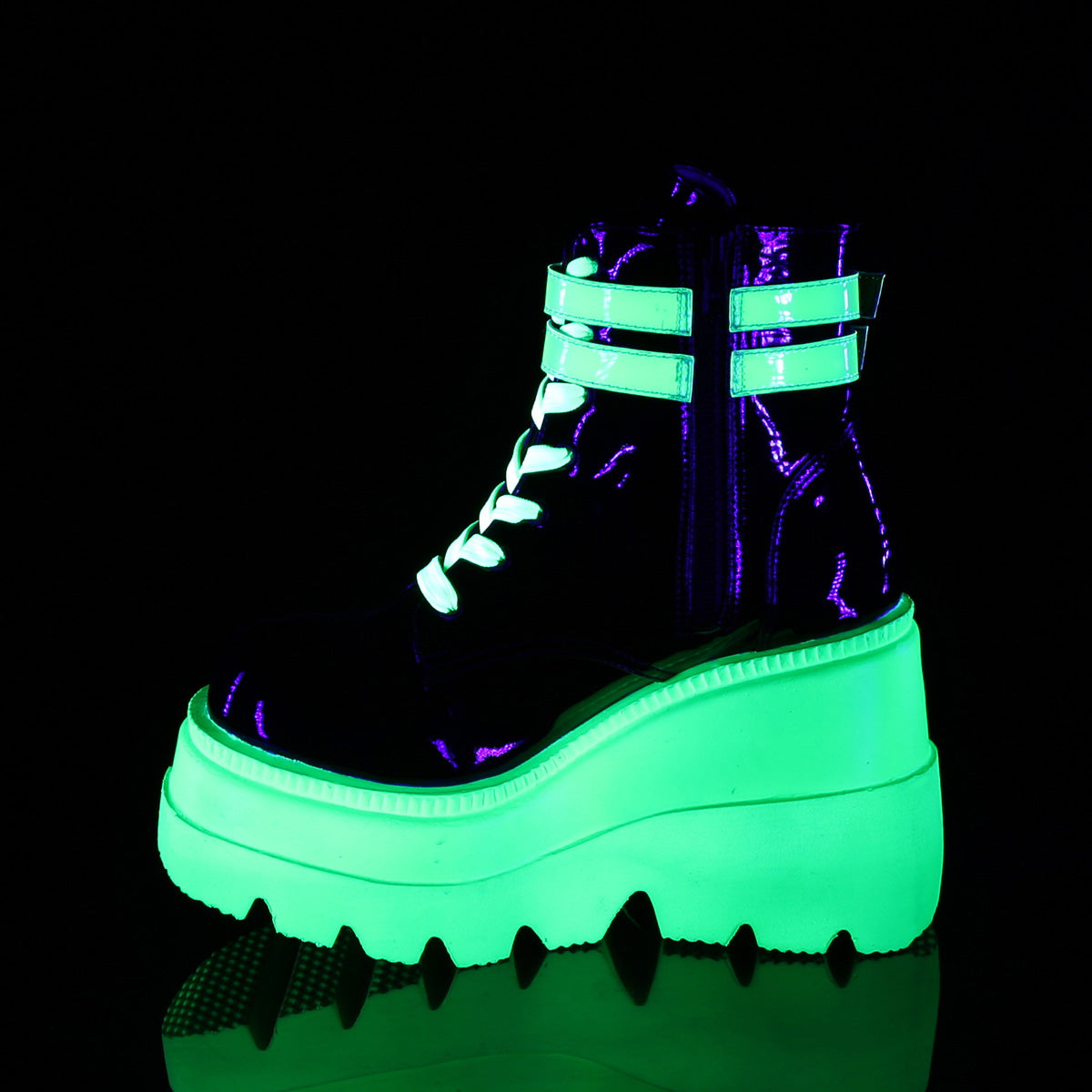 SHAKER-52 Black Patent-UV Neon Green Ankle Boot Demonia