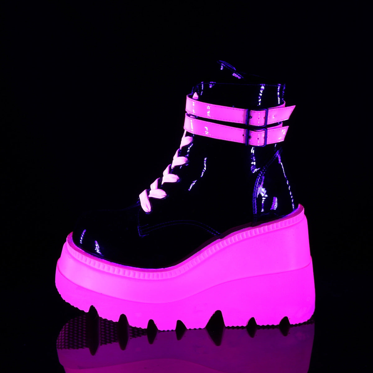 SHAKER-52 Black Patent-UV Neon Pink Ankle Boot Demonia
