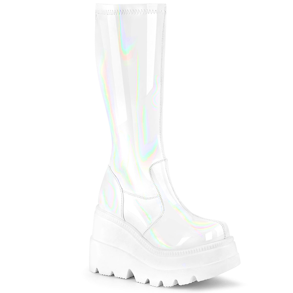 SHAKER-65 White Hologram Knee Boot Demonia