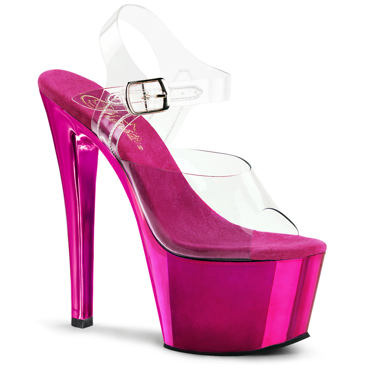 SKY-308 Clear/Hot Pink Chrome Platform Sandal Pleaser