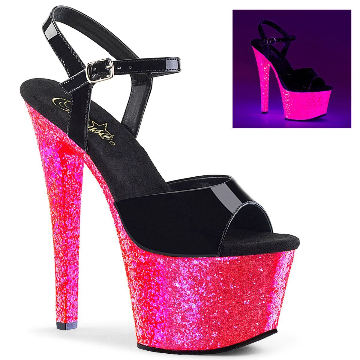 SKY-309UVLG Black Patent/Neon Hot Pink Glitter Platform Sandal Pleaser