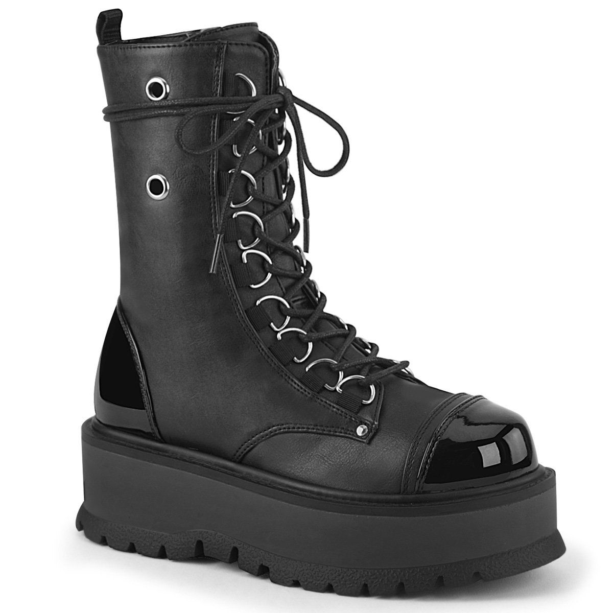 SLACKER-150 Black Vegan Leather-Patent Mid-Calf Boot Demonia
