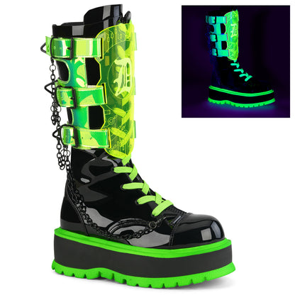 SLACKER-156 Black Patent-UV Neon Green Mid-Calf Boot Demonia