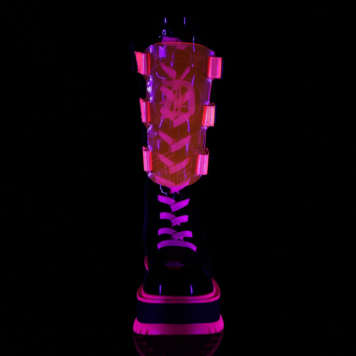 SLACKER-156 Black Patent-UV Neon Pink Mid-Calf Boot Demonia