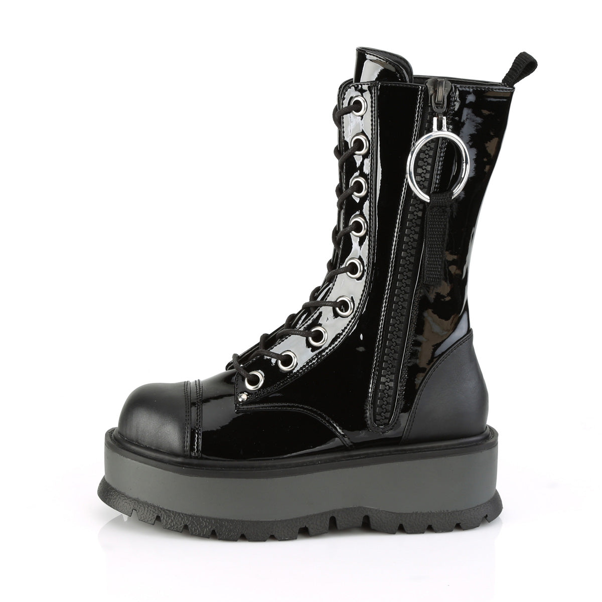 SLACKER-220 Black Patent-Vegan Leather Mid-Calf Boot Demonia