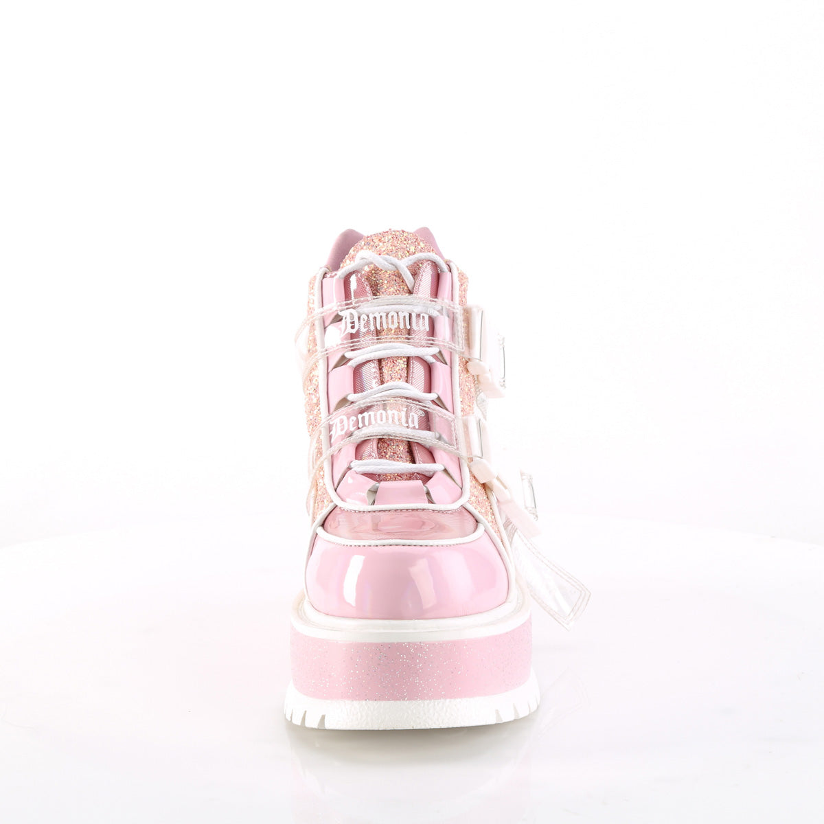 SLACKER-50 Baby Pink Holographic Patent-Pink Multi Glitter Ankle Boot Demonia
