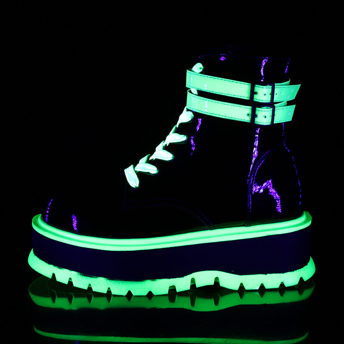SLACKER-52 Black Patent-UV Iridescent Green Ankle Boot Demonia