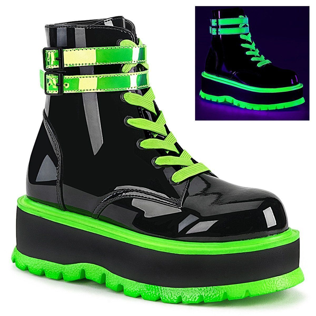 SLACKER-52 Black Patent-UV Iridescent Green Ankle Boot Demonia