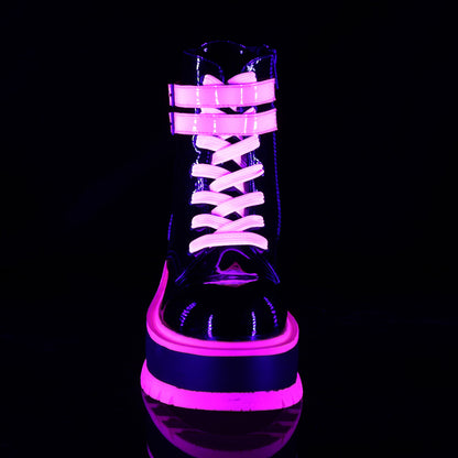 SLACKER-52 Black Patent-UV Iridescent Pink Ankle Boot Demonia