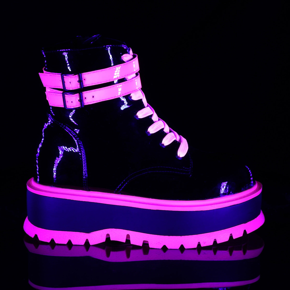 SLACKER-52 Black Patent-UV Iridescent Pink Ankle Boot Demonia