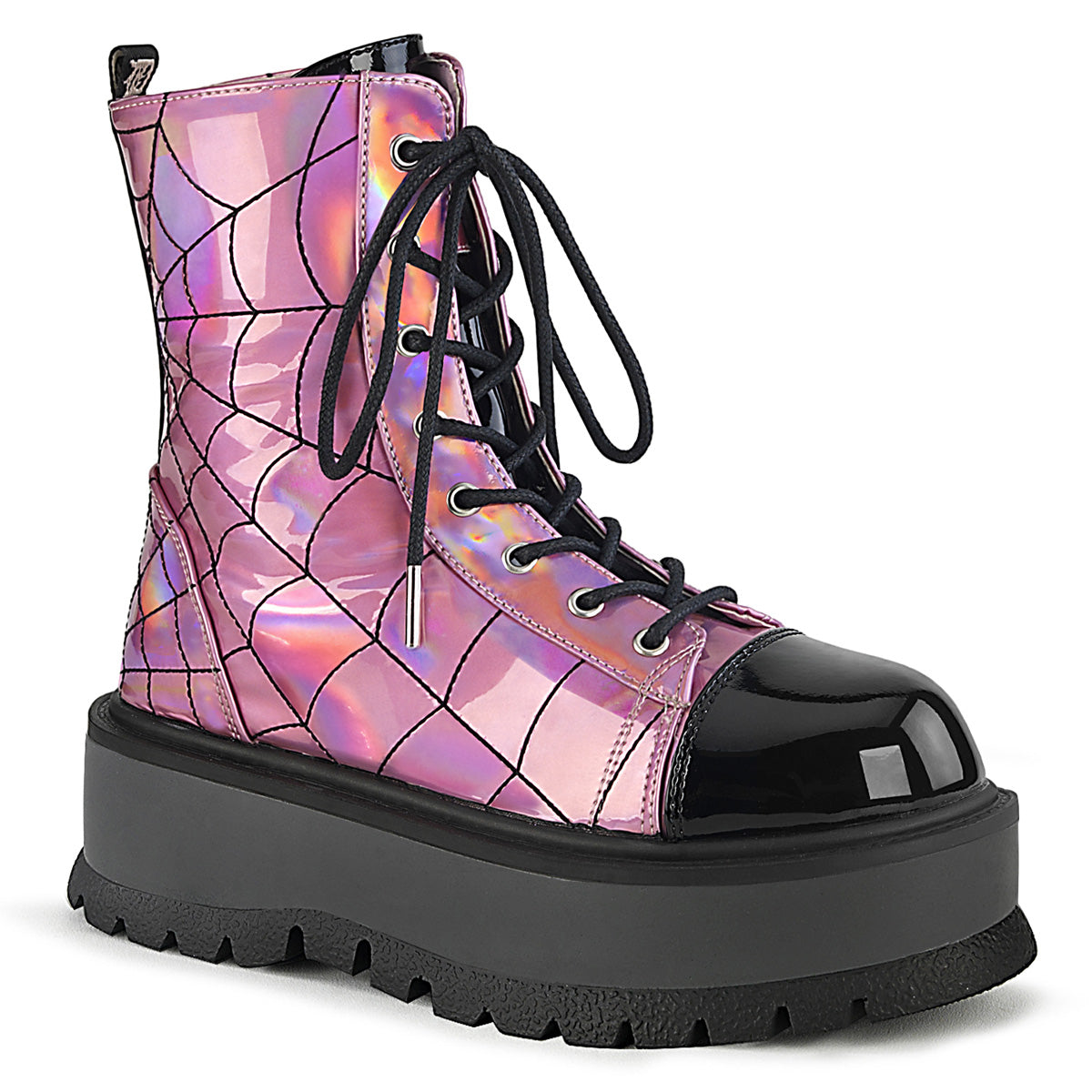 SLACKER-88 Pink Hologram- Black Patent Ankle Boot Demonia