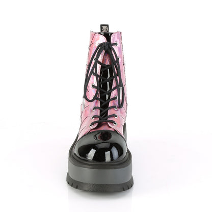 SLACKER-88 Pink Hologram- Black Patent Ankle Boot Demonia