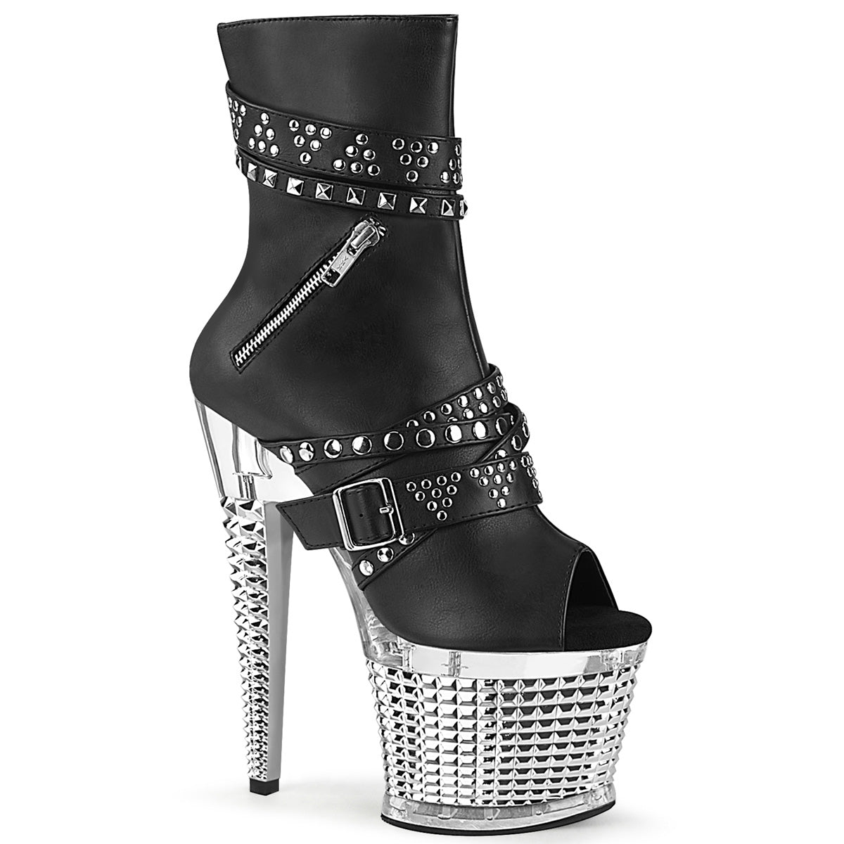 SPECTATOR-1015 Black faux Leather/Clear-Silver Chrome Ankle Boot Pleaser
