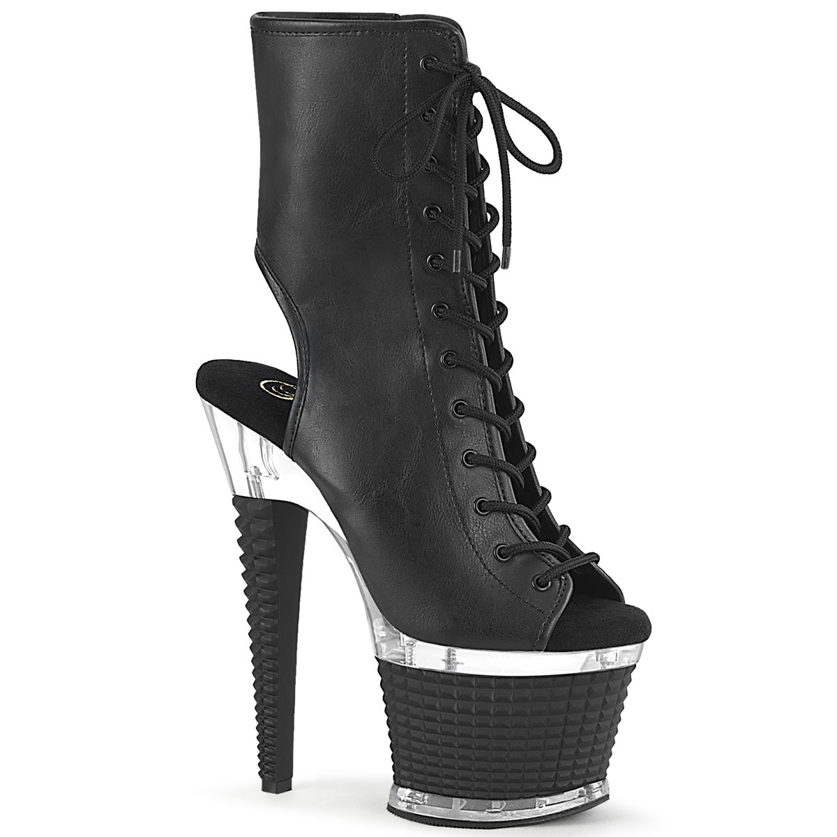 SPECTATOR-1016 Black Faux Leather/Clear Ankle Boot Pleaser