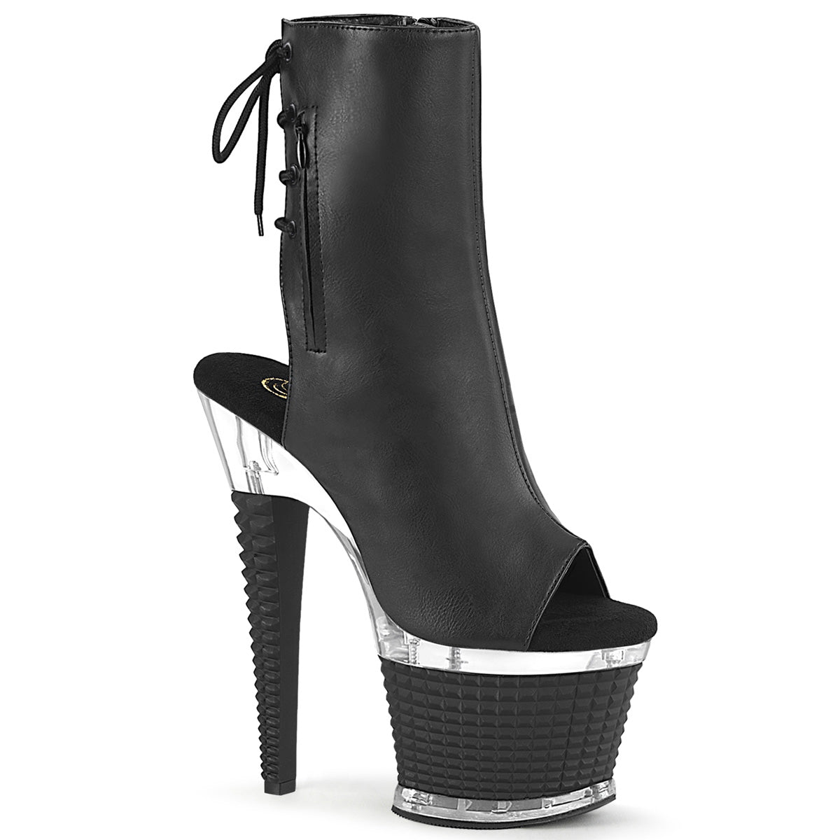 SPECTATOR-1018 Black Faux Leather/Clear Ankle Boot Pleaser