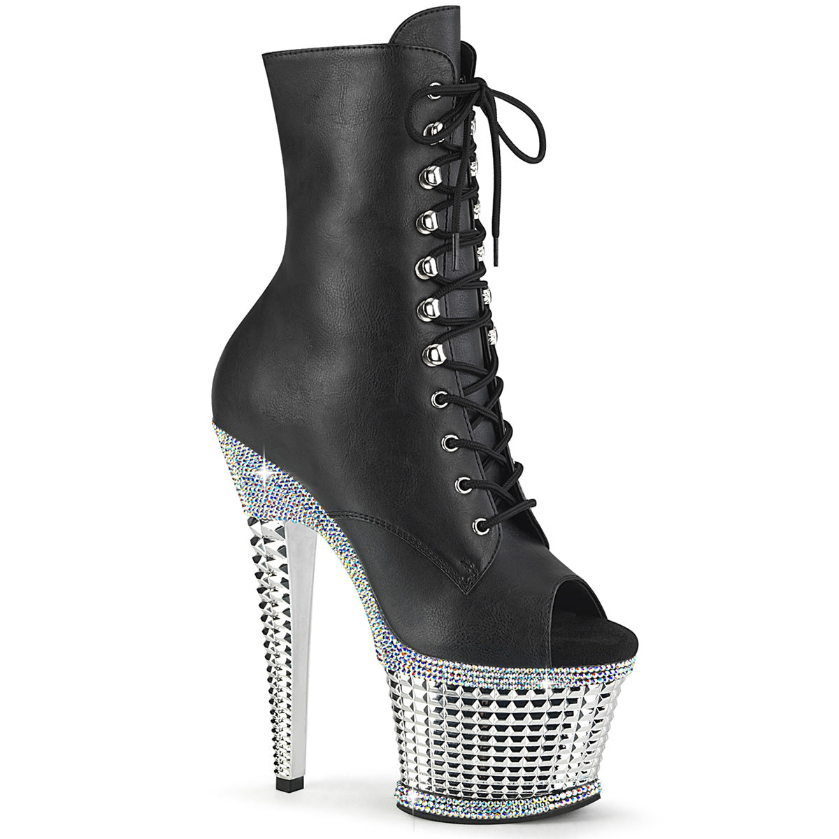 SPECTATOR-1021RS Black Faux Leather/Silver Rhinestone-Chrome Ankle Boot Pleaser