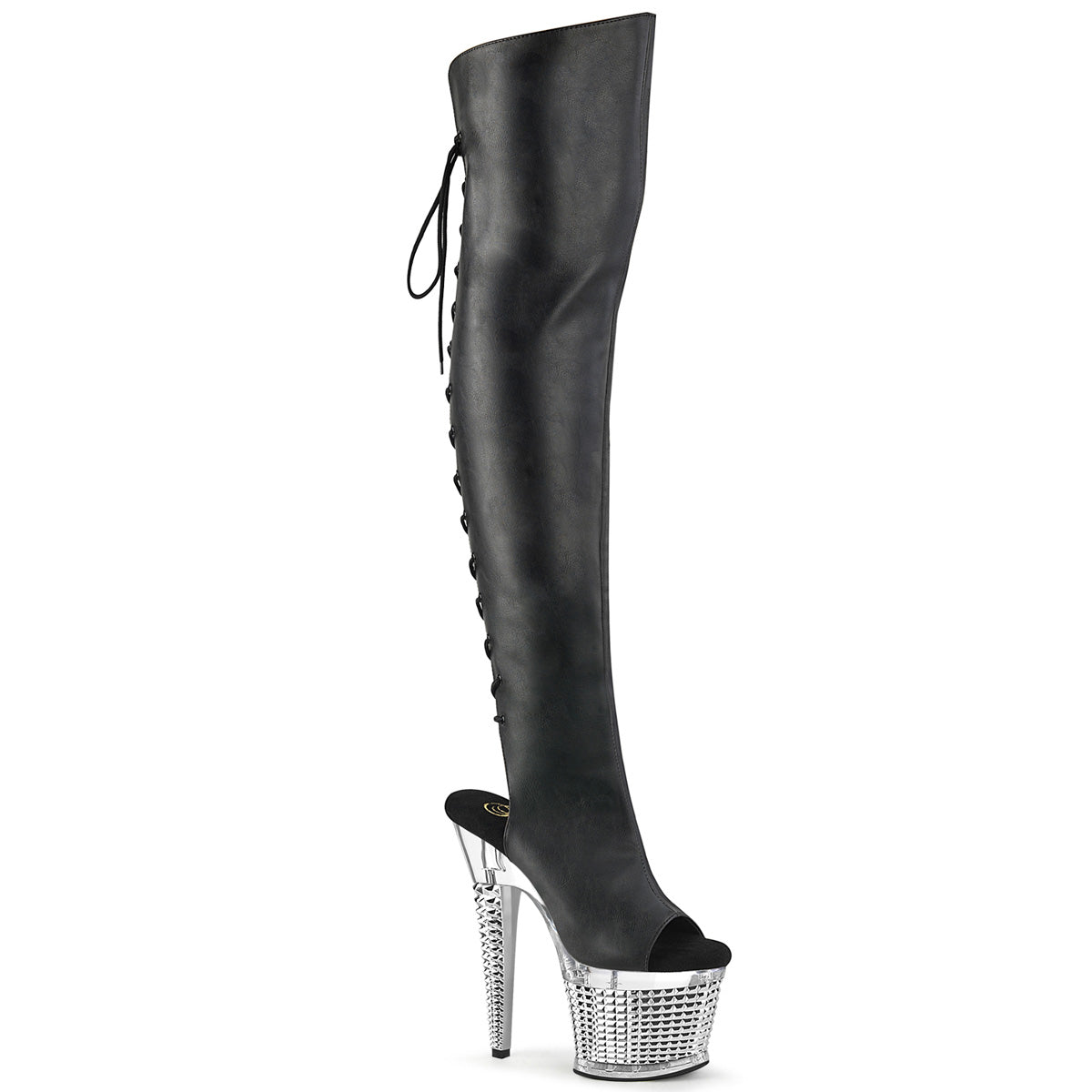 SPECTATOR-3019 Black Faux Leather/Clear-Silver Chrome Thigh Boot Pleaser