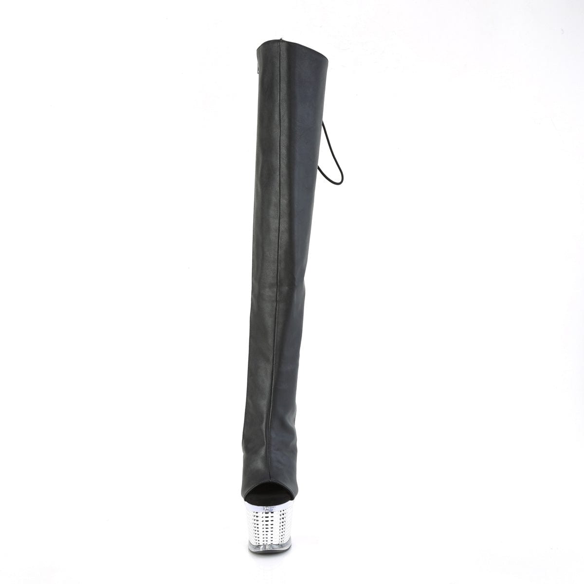 SPECTATOR-3019 Black Faux Leather/Clear-Silver Chrome Thigh Boot Pleaser