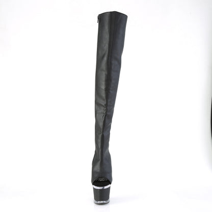 SPECTATOR-3019 Black Faux Leather/Clear Thigh Boot Pleaser