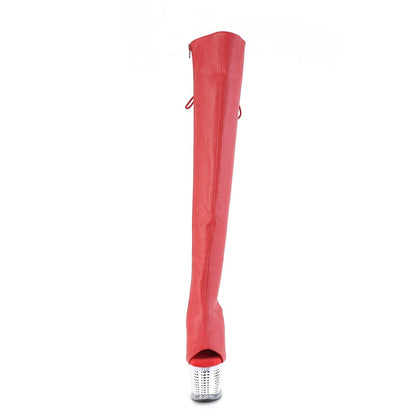 SPECTATOR-3019 Red Faux Leather/Clear-Silver Chrome Thigh Boot Pleaser