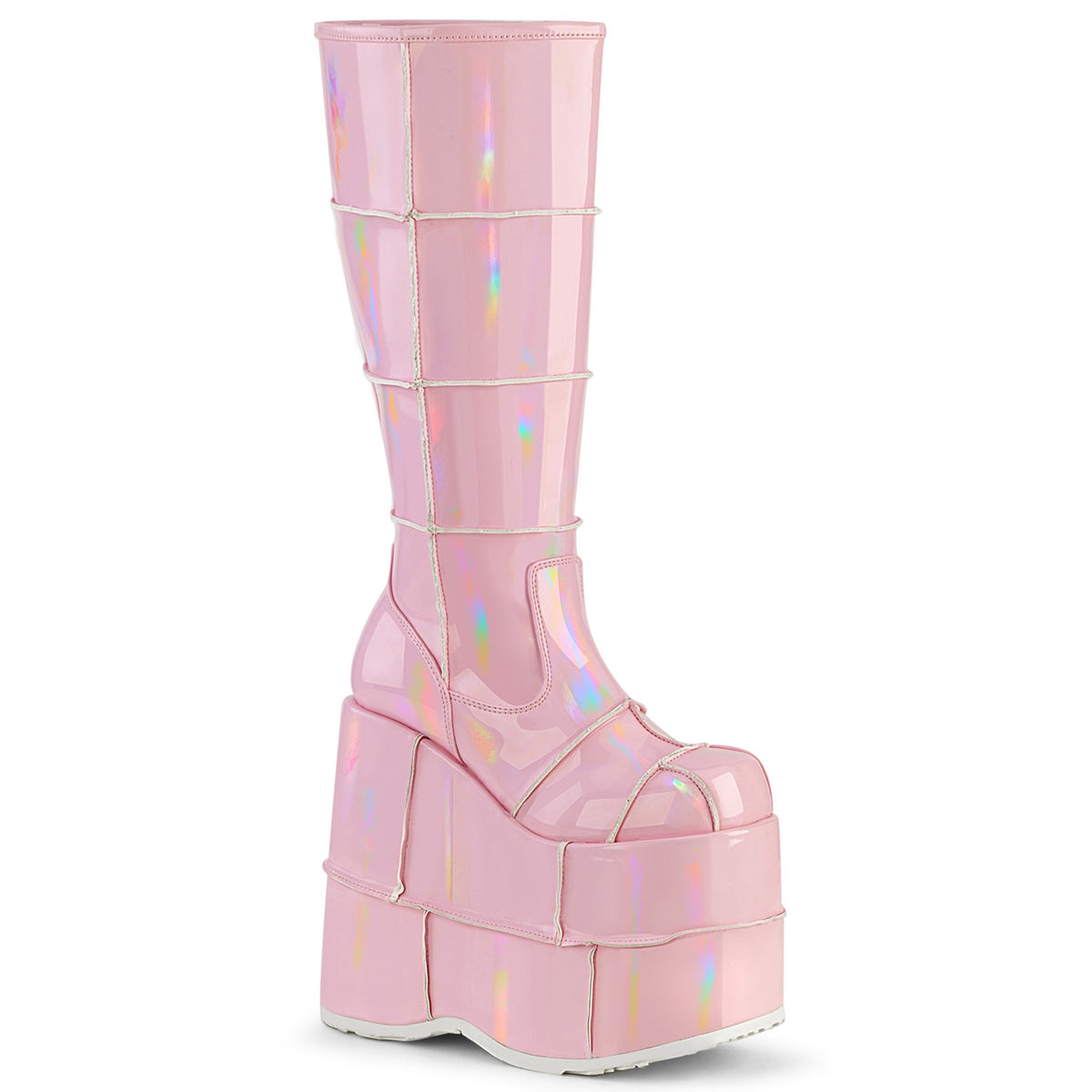 STACK-301 Baby Pink Hologram Knee Boot Demonia