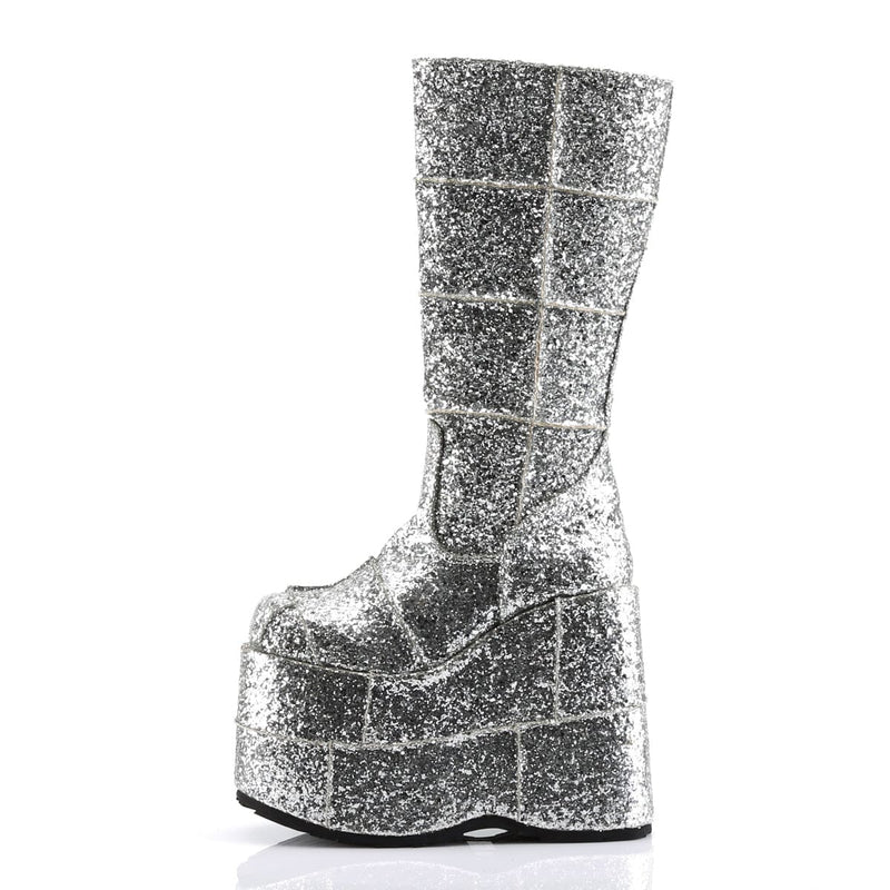 STACK-301G Silver Glitter Knee Boot Demonia US Size (Unisex/Men's): 4