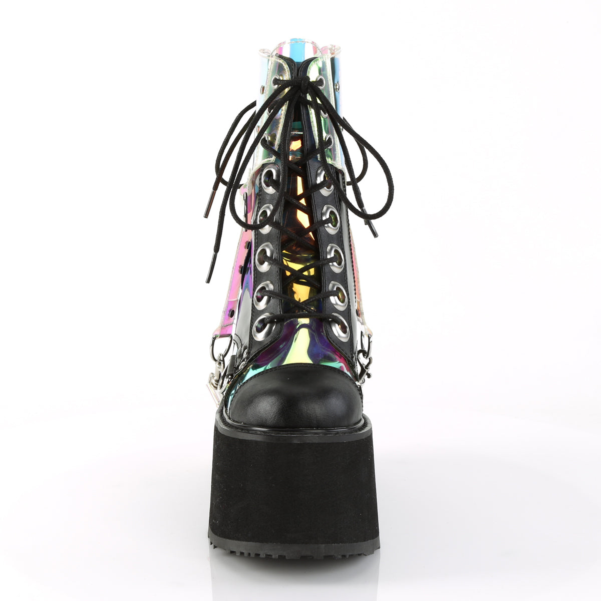 SWING-115 Black Vegan Leather-Patent -Clear Hologram PVC Ankle Boot Demonia