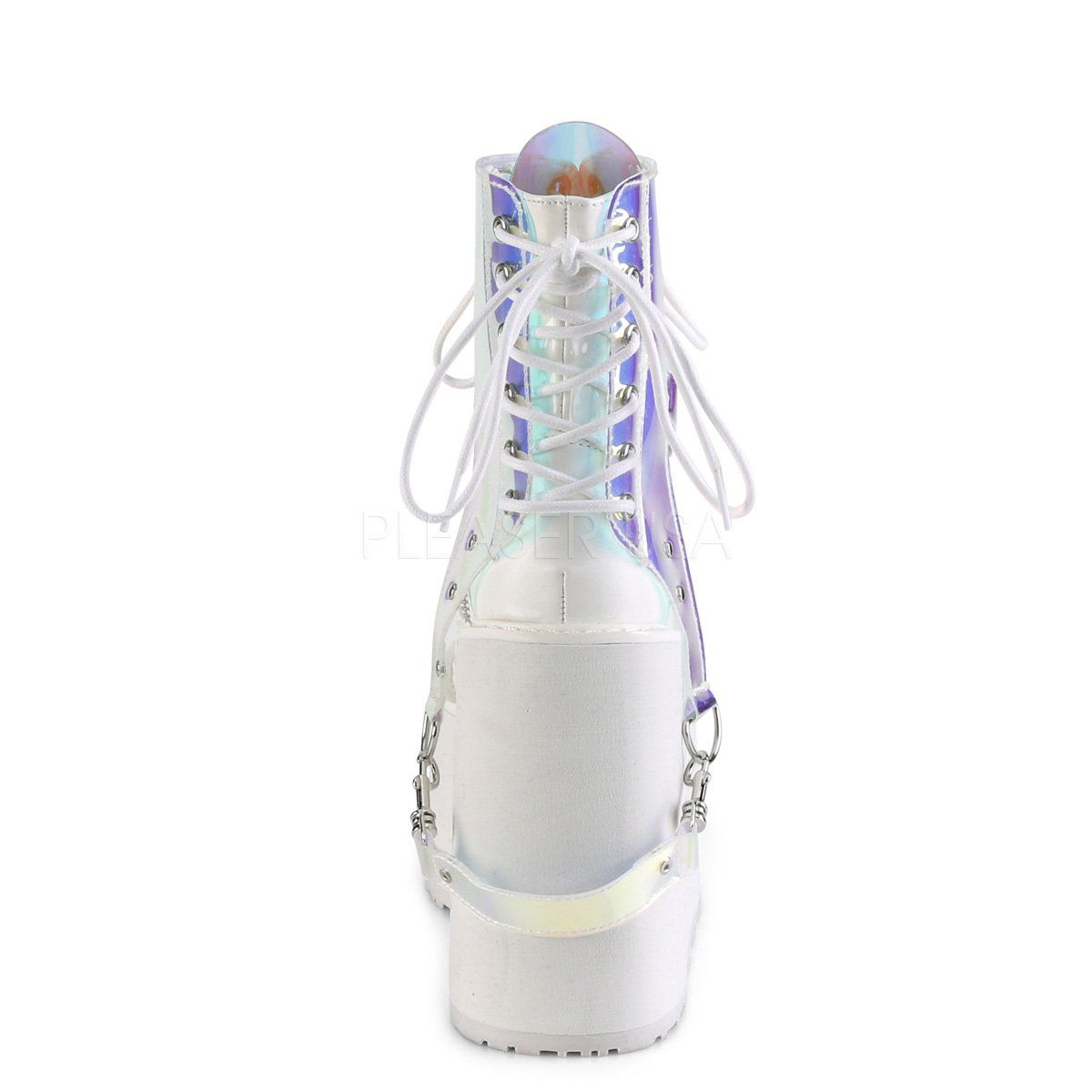 SWING-115 White Vegan Leather-Patent-Magic Mirror TPU Ankle Boot Demonia