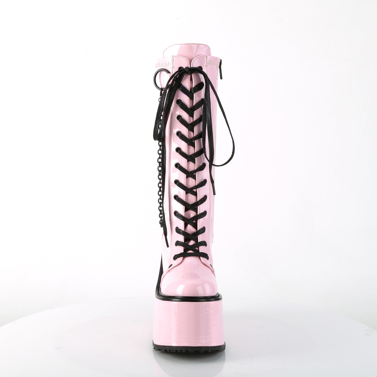 SWING-150 Baby Pink Holographic Stretch Patent Knee Boot Demonia