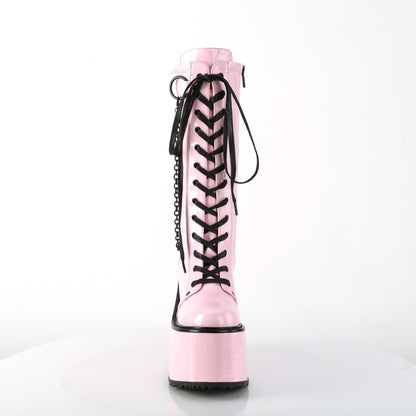 SWING-150 Baby Pink Holographic Stretch Patent Knee Boot Demonia